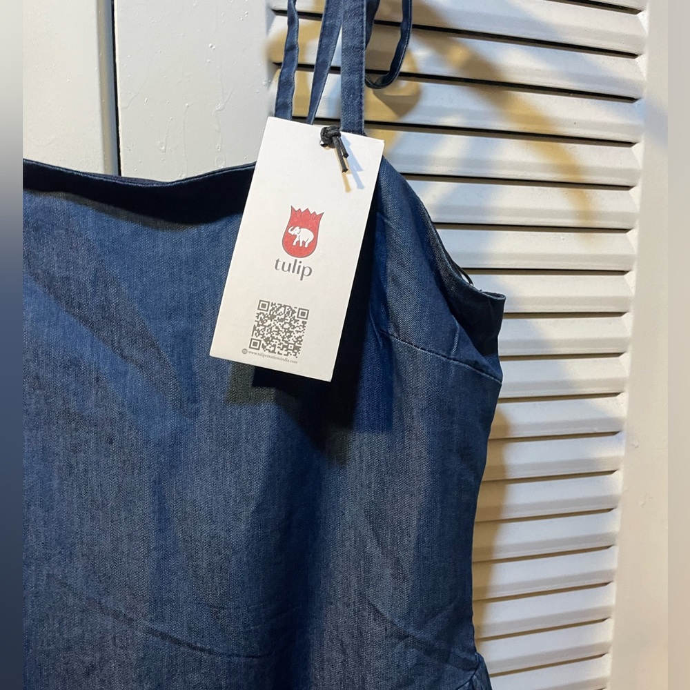 Tulip Blue Denim Dress Bubble hem 
Smocking at the back
Length 44